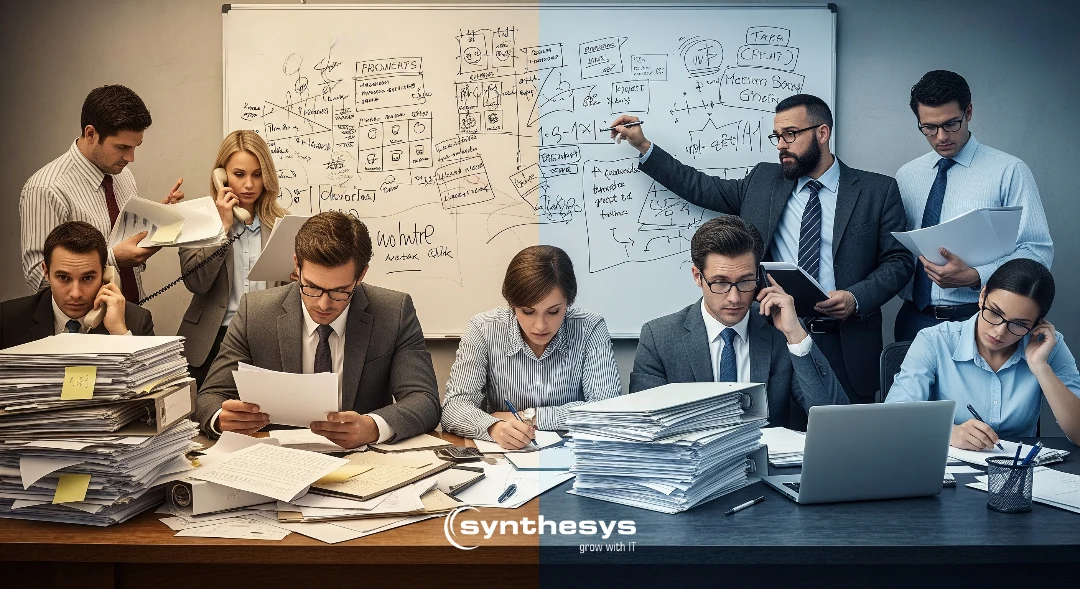 A slightly stressed group of diverse office workers buried in paperwork, phones ringing, amidst a chaotic office setting representing the burdens of a manual admission process. In contrast, a whiteboard behind them is filled with diagrams and flowcharts, hinting at the complex nature of managing admissions without an online admission system. The scene visually summarizes the "5 Major Pain Points in Manual Admission Processes" discussed in the Synthesys blog post, subtly suggesting the need for a streamlined, digital solution – an online admission system – to overcome these challenges.