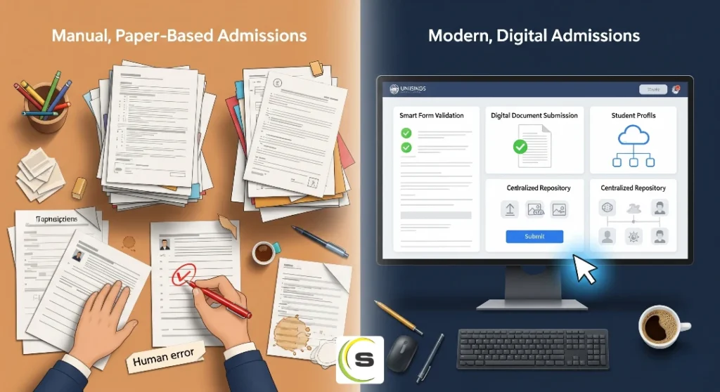 5 Major Pain Points in Manual Admission Processes (And How to Solve Them) 1
A comparison image contrasting manual, paper-based admissions with modern, digital admissions. On the left, under the "Manual, Paper-Based Admissions" heading, two hands are surrounded by large, disorganized stacks of paper forms, pens, and pencils. One hand is shown circling a mistake on a form in red ink, with the words "Human error" written at the bottom. The scene represents the "Overwhelming Paperwork & Human Error" pain point described. On the right, under the "Modern, Digital Admissions" heading, a clean desk setup features a computer screen displaying a digital admissions portal from Synthesys, with icons for "Smart Form Validation," "Digital Document Submission," and "Student Profiles," with the words "Centralized Repository" below. A hand with a cursor is clicking a "Submit" button on the screen. The Synthesys logo is at the bottom of the image, bridging the two scenes.