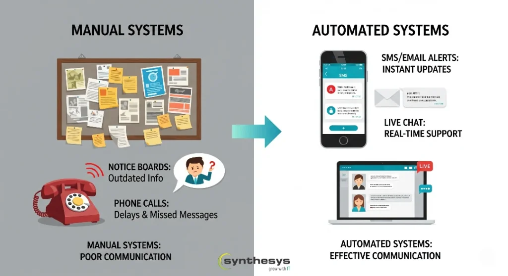 5 Major Pain Points in Manual Admission Processes (And How to Solve Them) 4 An infographic comparing "MANUAL ADMISSION SYSTEMS" with "AUTOMATED ADMISSION SYSTEMS" in terms of communication. The left side depicts manual systems with a cluttered bulletin board representing "NOTICE BOARDS: Outdated Info" for admissions updates and a red rotary phone symbolizing "PHONE CALLS: Delays & Missed Messages" for applicant inquiries, labeled as "MANUAL SYSTEMS: POOR COMMUNICATION" in admissions. A rightward arrow leads to the "AUTOMATED ADMISSION SYSTEMS" side, showcasing a smartphone with SMS/email alerts indicating "INSTANT UPDATES" on application status and a laptop displaying a live chat interface for "REAL-TIME SUPPORT" for prospective students, labeled as "AUTOMATED SYSTEMS: EFFECTIVE COMMUNICATION" in admissions. The Synthesys logo is at the bottom center.