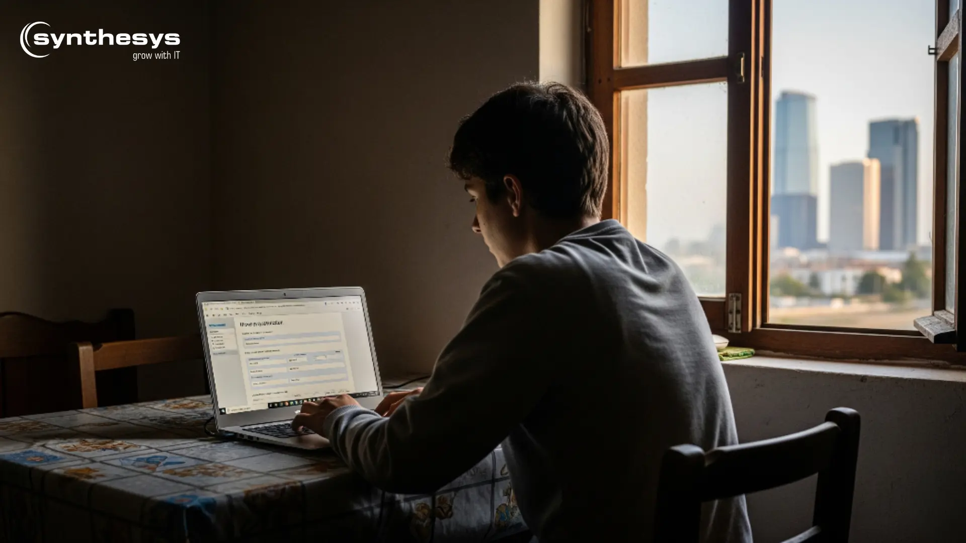 Person sitting at a table using a laptop near a window with a city skyline in the background, representing remote online admission processes by Synthesys.